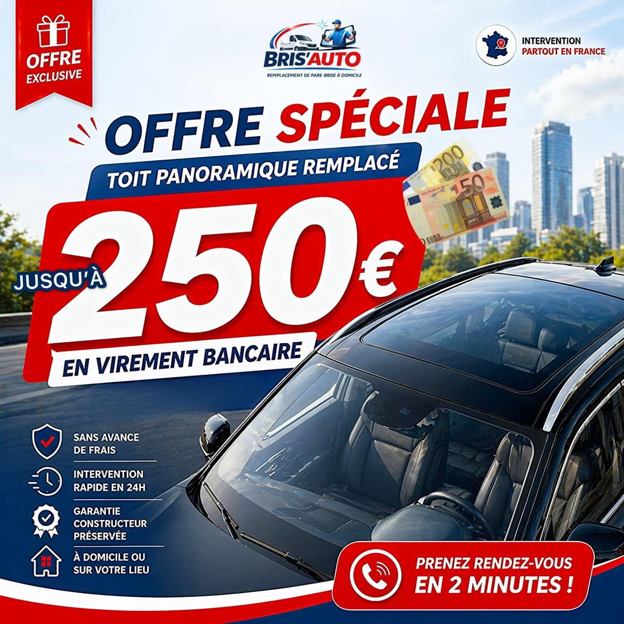 Offre spéciale 250 € pour le remplacement de toit panoramique — Bris'Auto