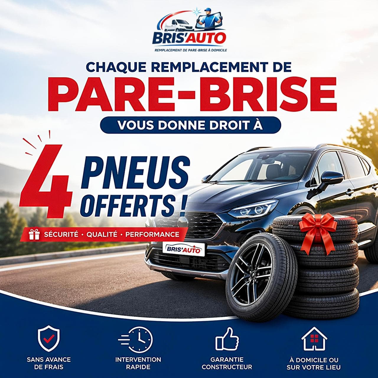 4 pneus offerts avec chaque remplacement de pare-brise — Bris'Auto
